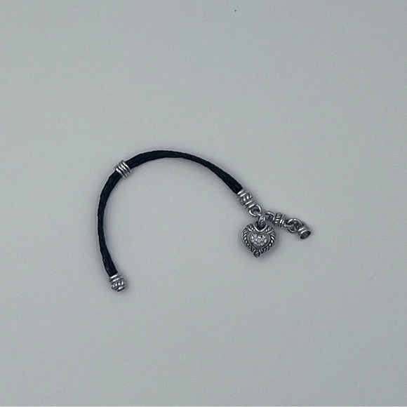 Judith Ripka Sterling Silver Braided Black Leather CZ Heart Charm Bracelet 7” - Picture 6 of 6